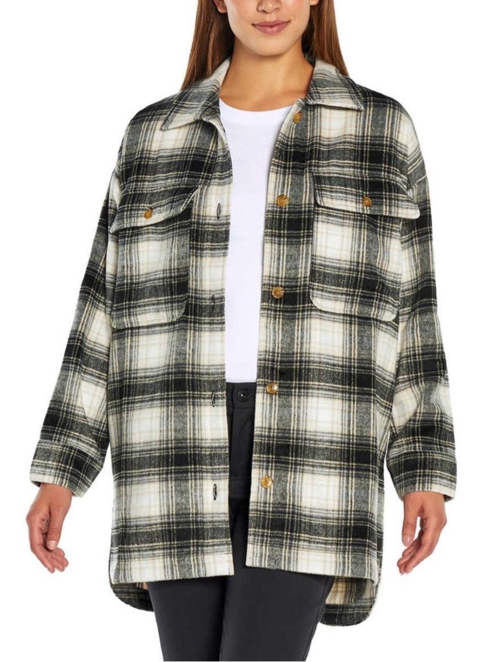 Banana Republic Black & Cream Plaid Utility Shacket (XXL)